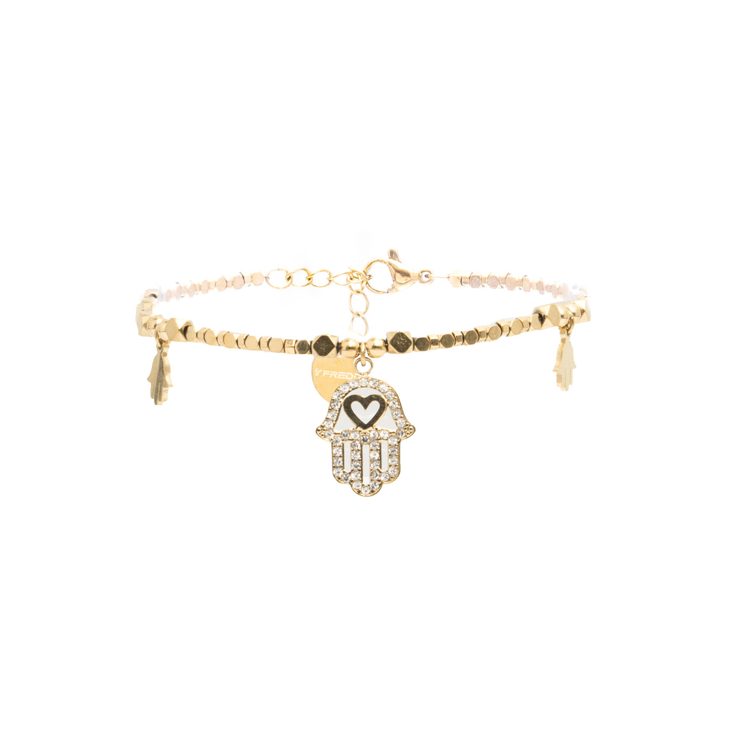 Bracciale in acciaio dorato con pendenti e strass
