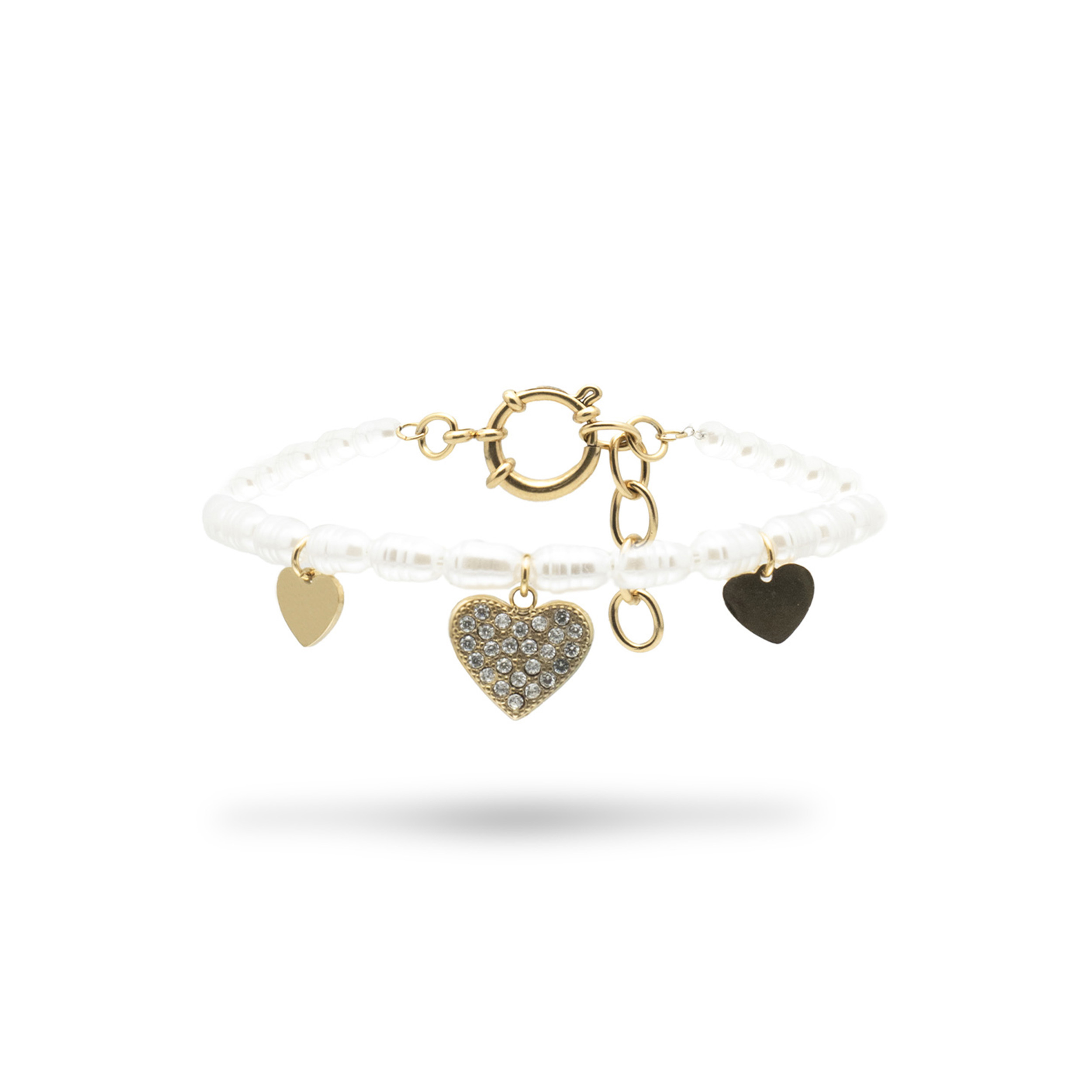 Bracciale con Catena di Cuori e Perle in Acciaio Dorato
