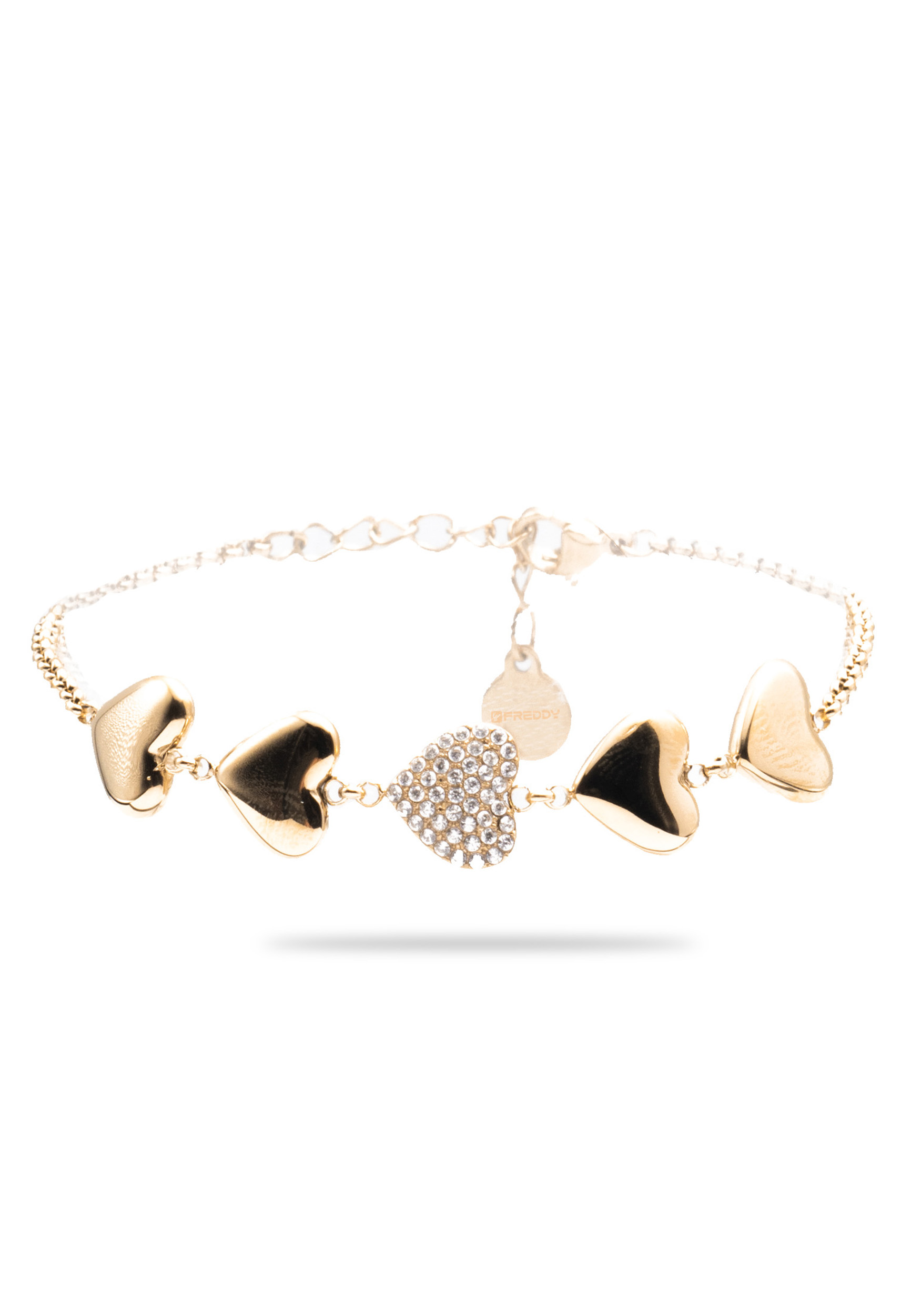 Bracciale in acciaio dorato con cuori e strass