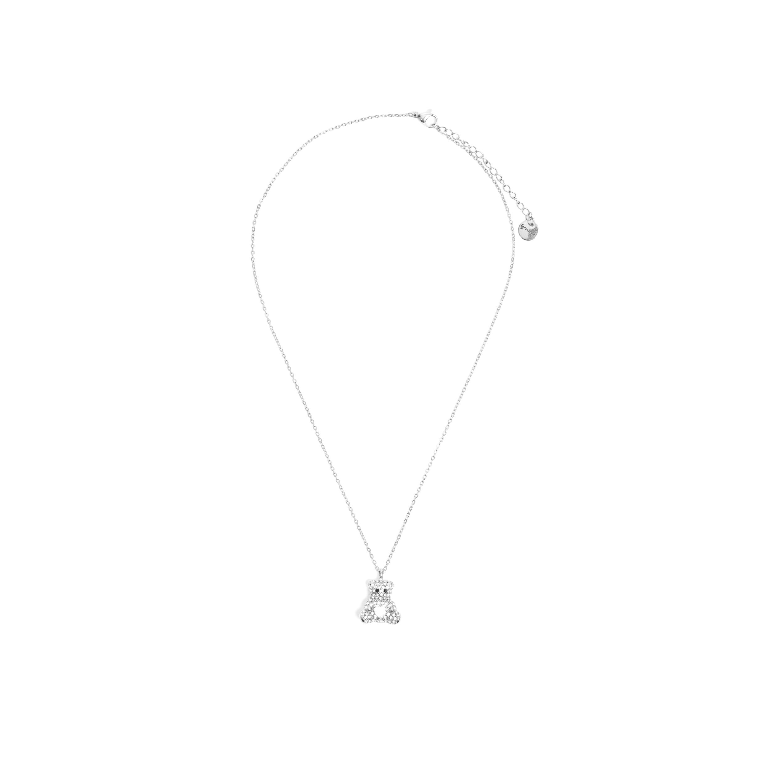Collana in acciaio argentato con pendente orsetto e strass