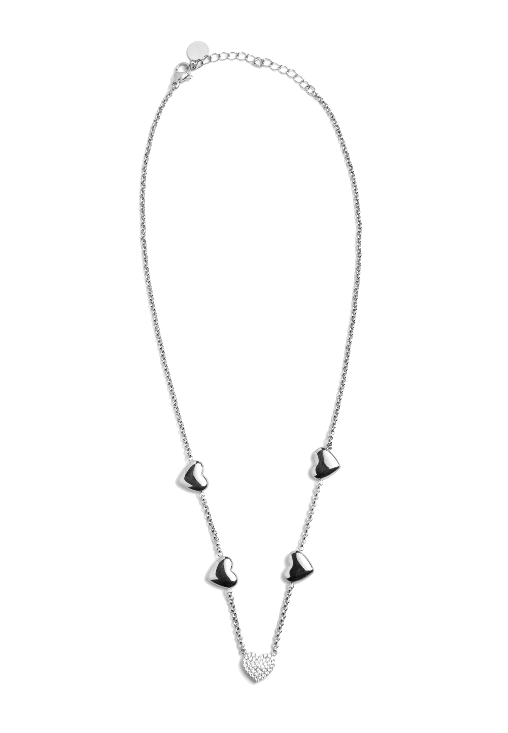 Collana in acciaio argentato con cuori e strass