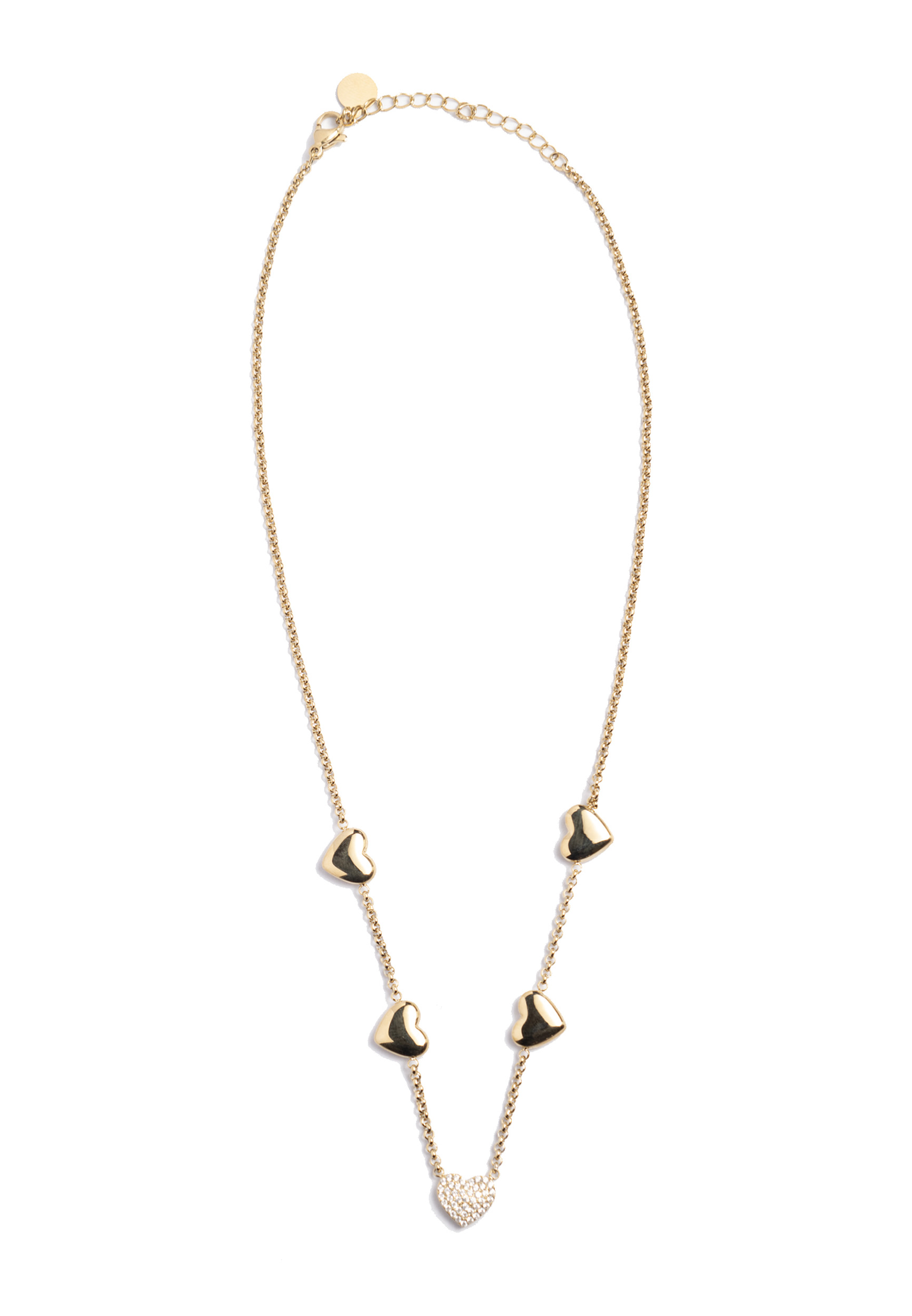 Collana in acciaio dorato con cuori e strass