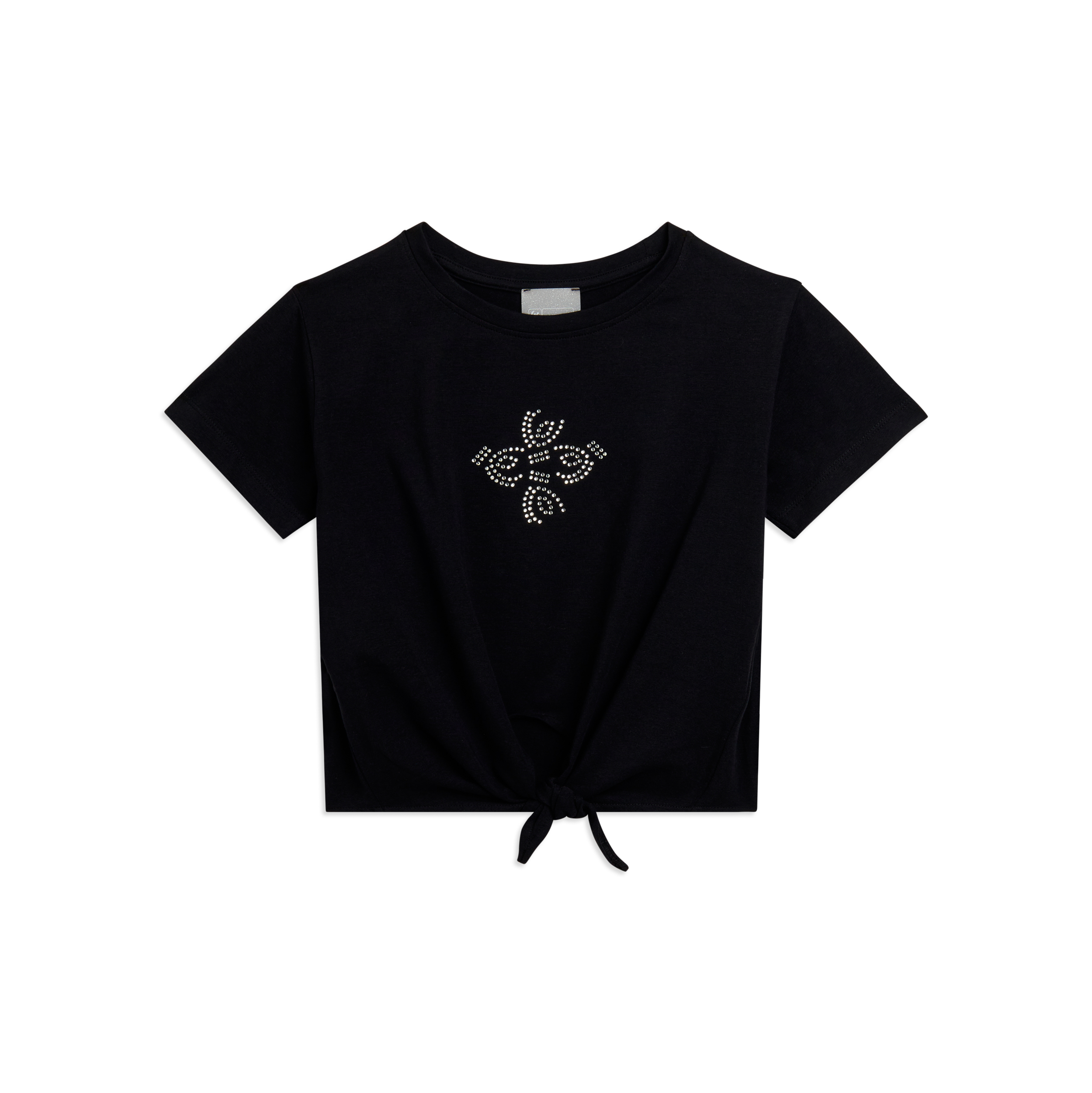 T-shirt cropped con nodo e strass da bambina e ragazza