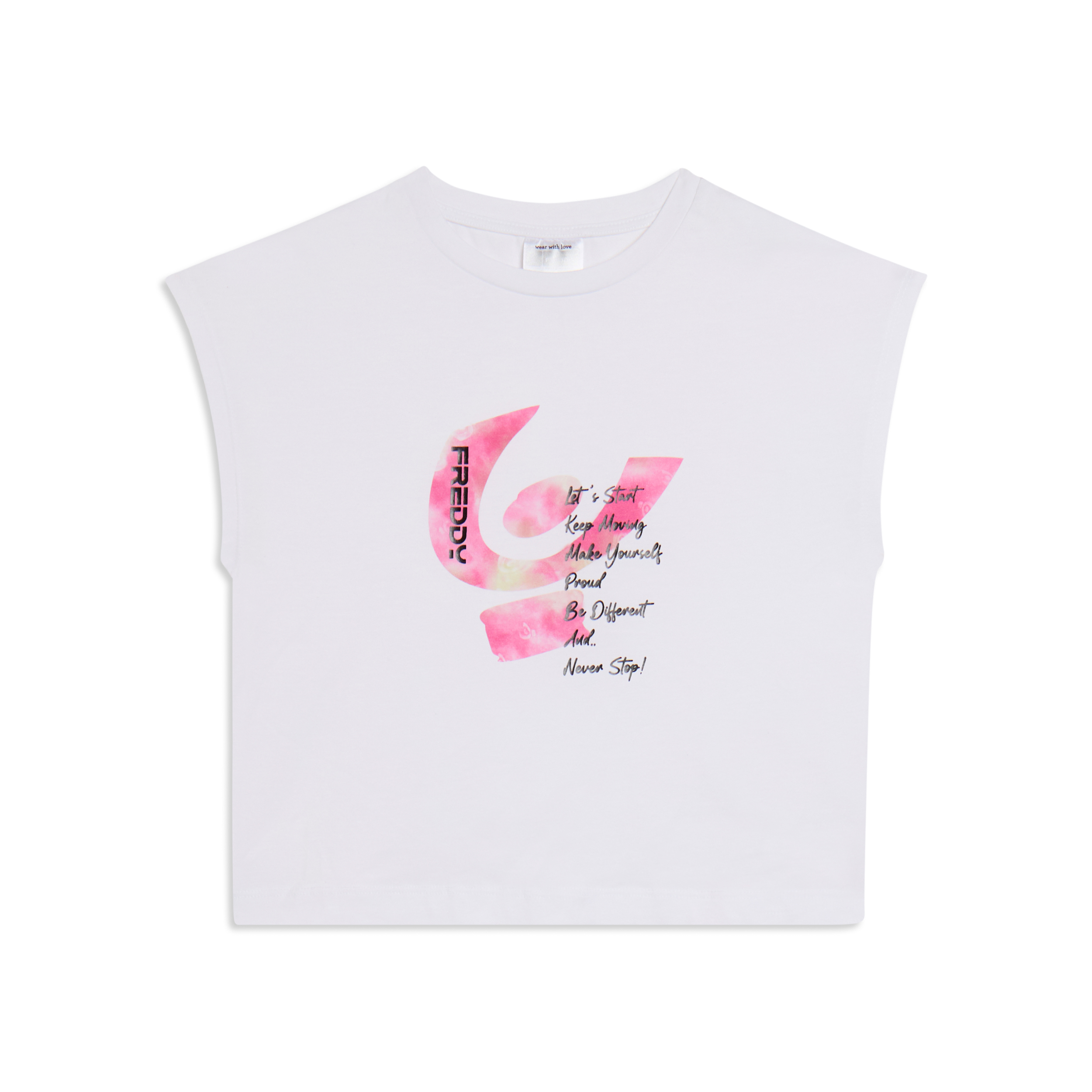 T-shirt cropped senza maniche con maxi logo degradé