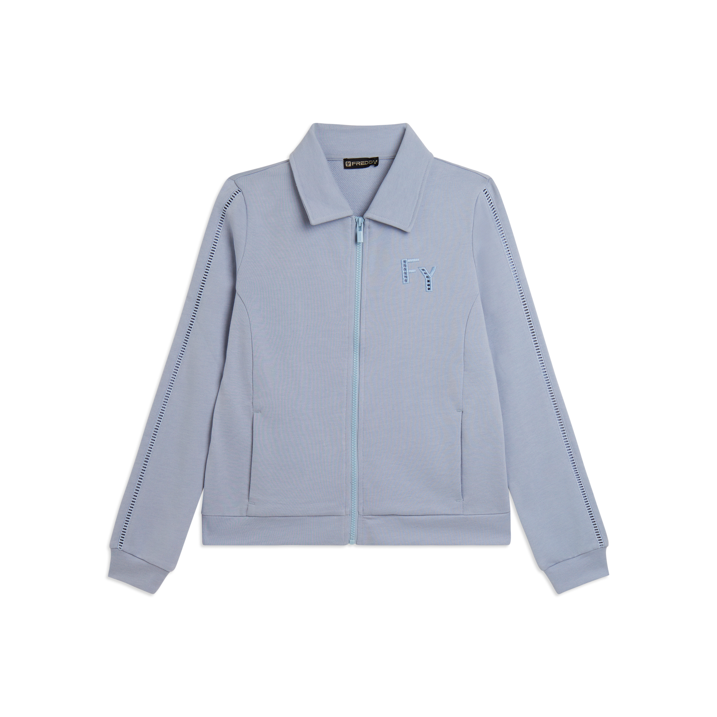 Felpa con Collo a Camicia, Zip e Dettagli Ricamati