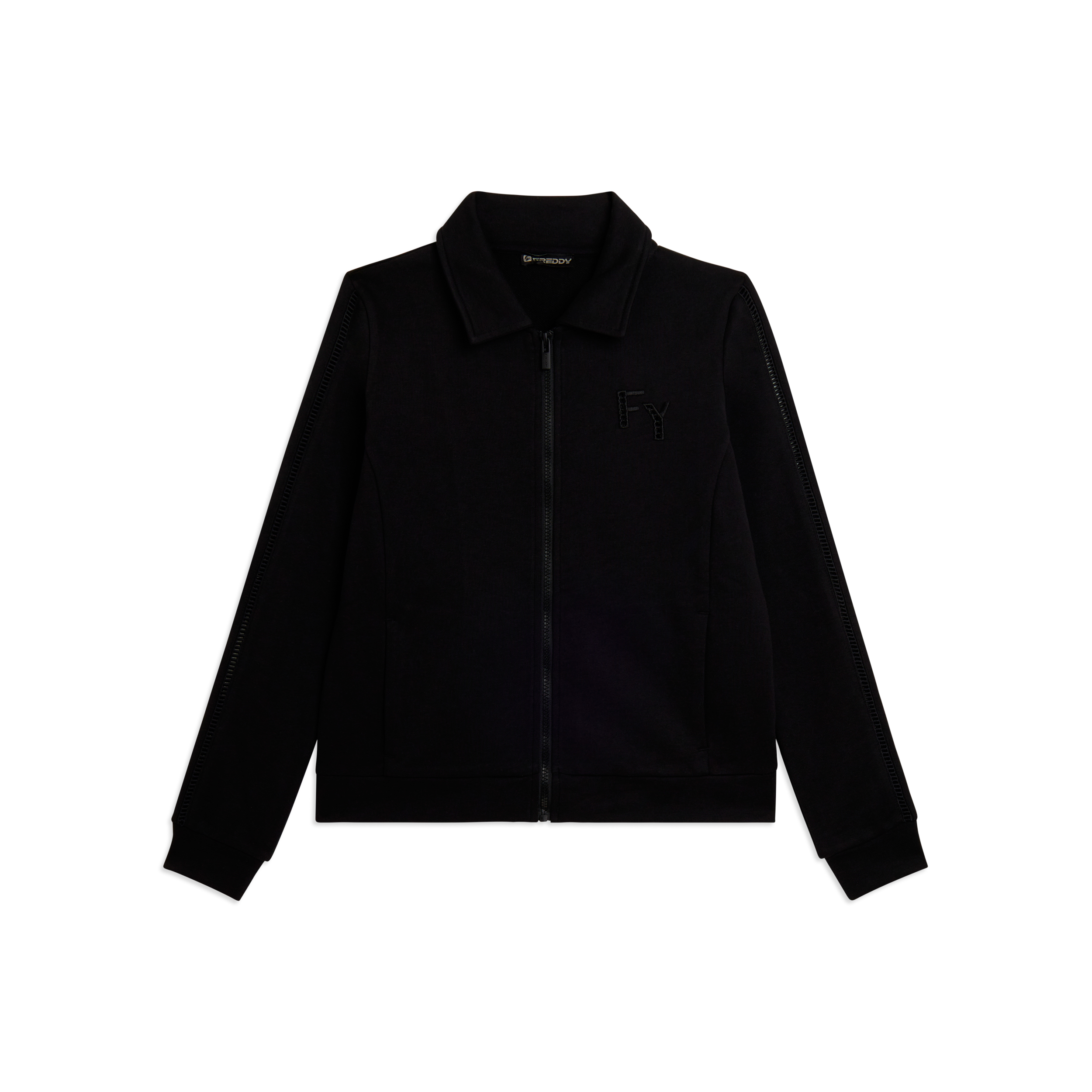 Felpa con Collo a Camicia, Zip e Dettagli Ricamati