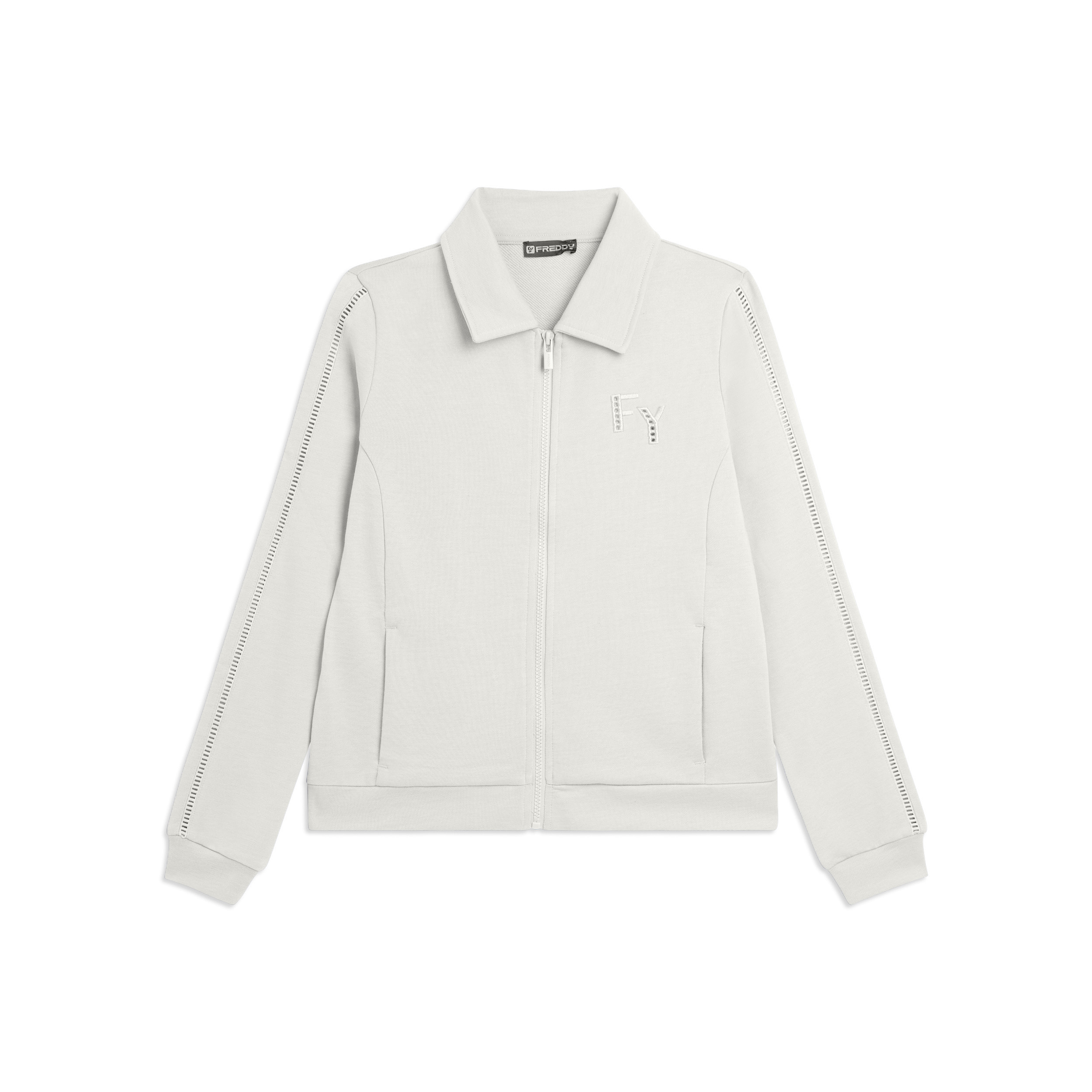 Felpa con Collo a Camicia, Zip e Dettagli Ricamati