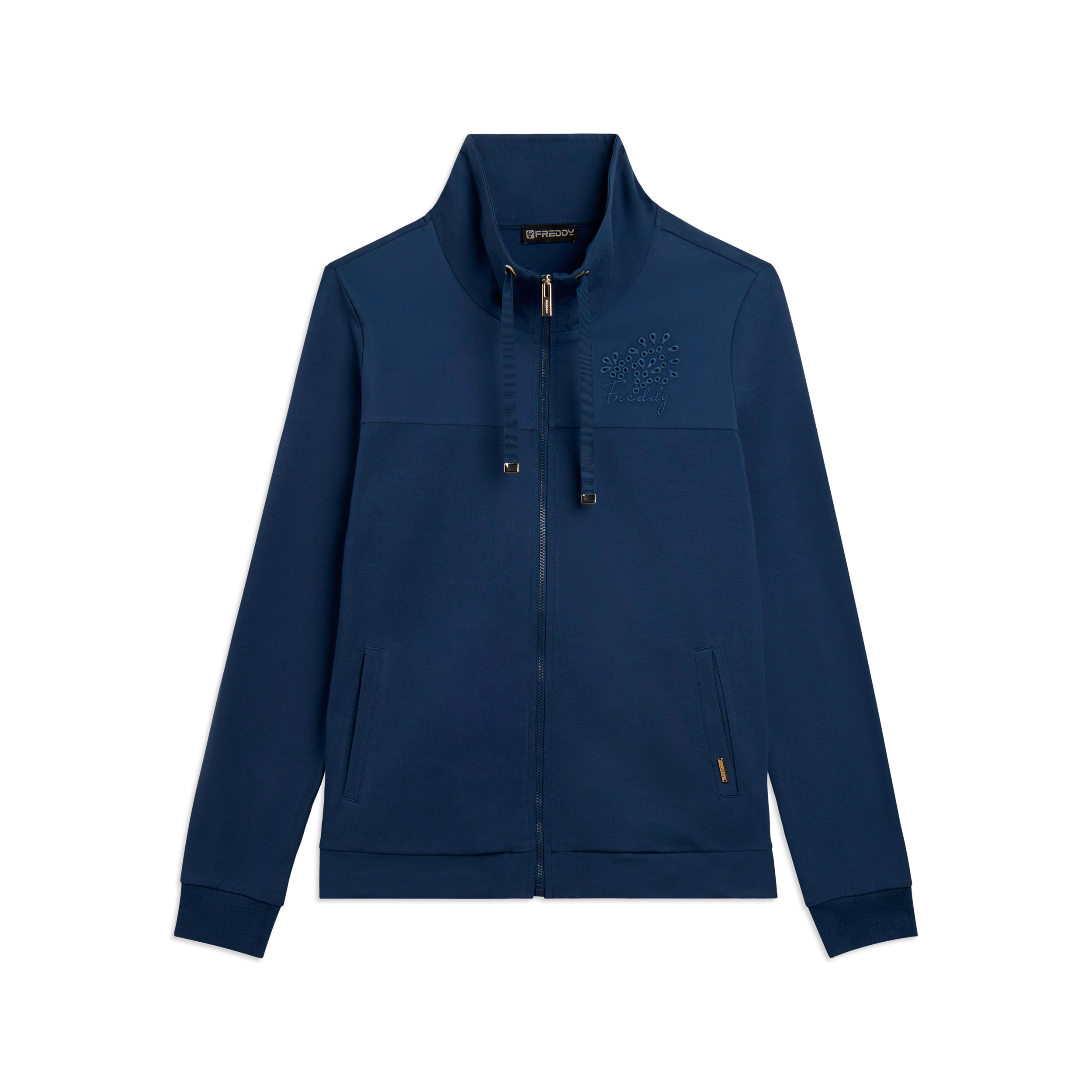 Felpa Zip con Collo Alto e Ricami Floreali