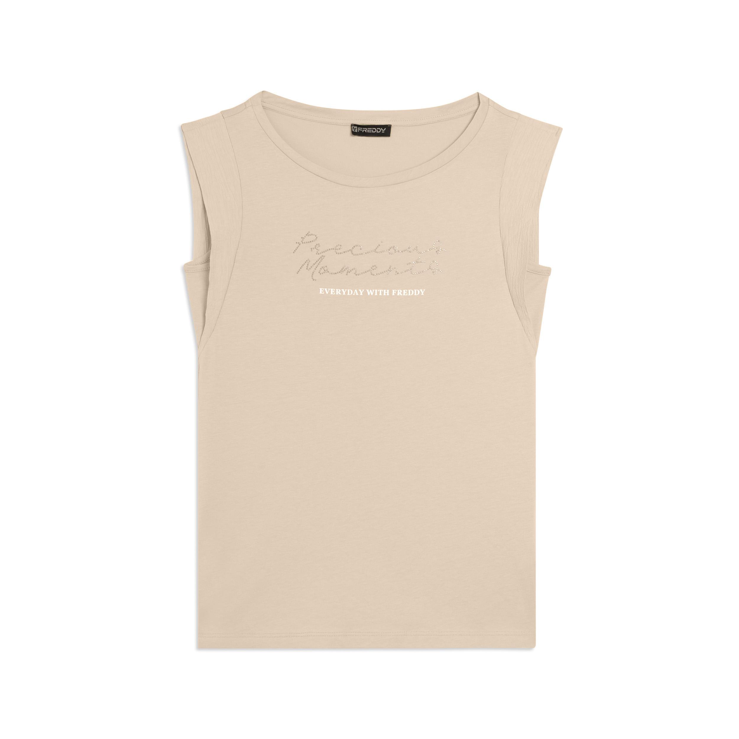 T-shirt con maniche in tessuto crinkle e scritta gioiello