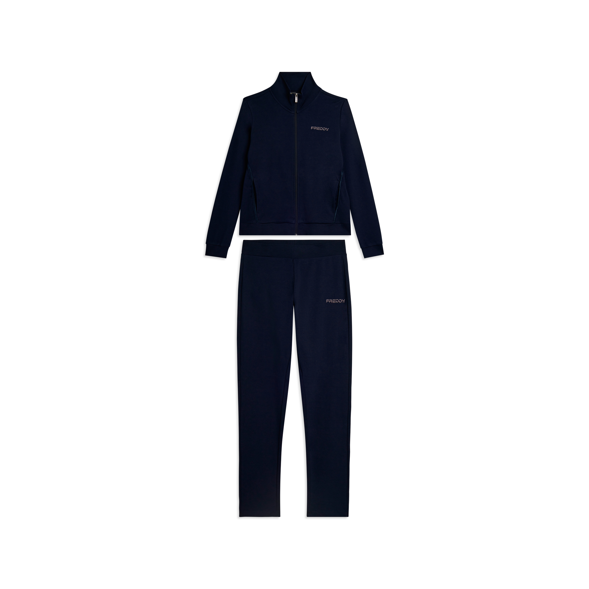 Tuta con zip e collo alto, logo in perline