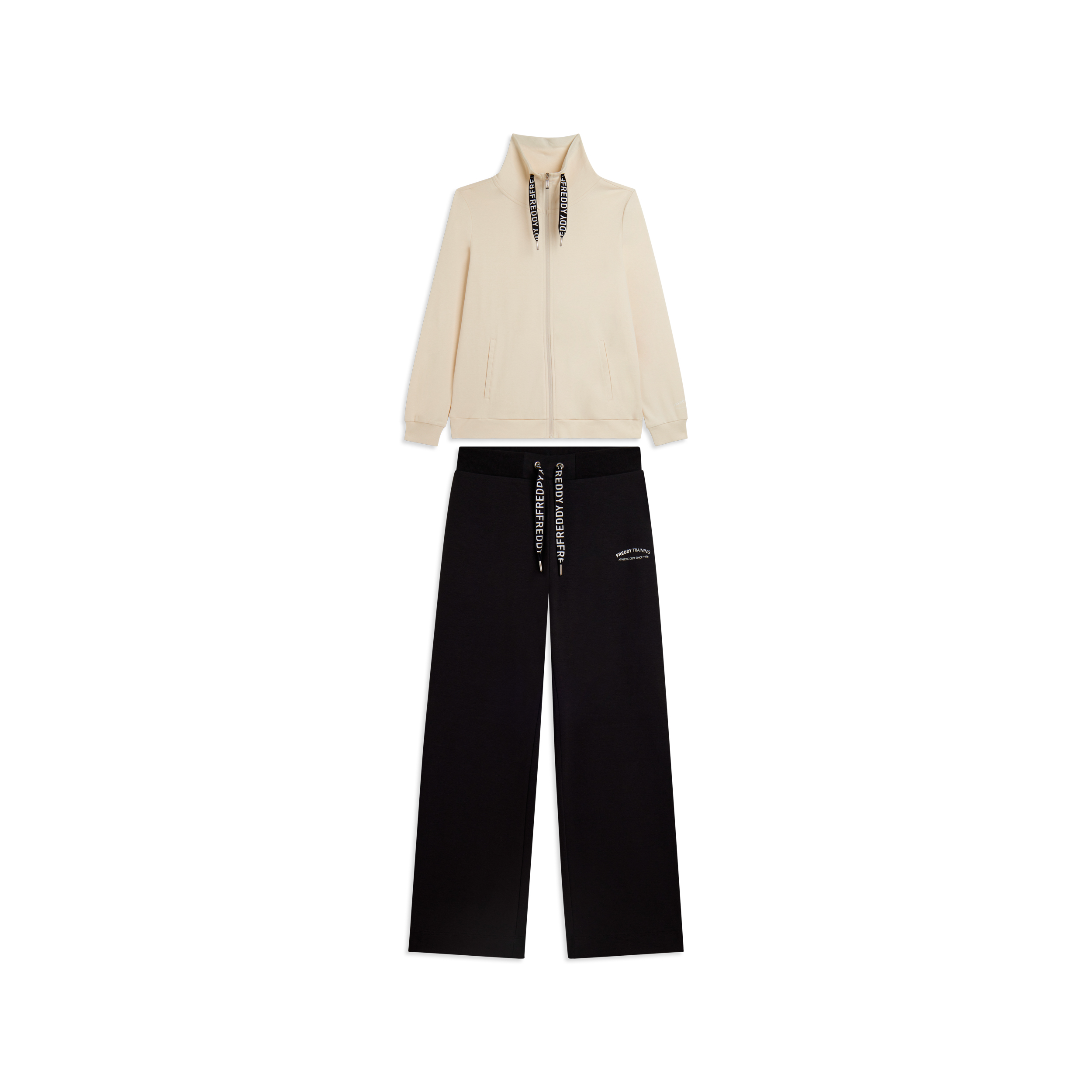 Tuta con zip e collo alto, pantaloni wide leg