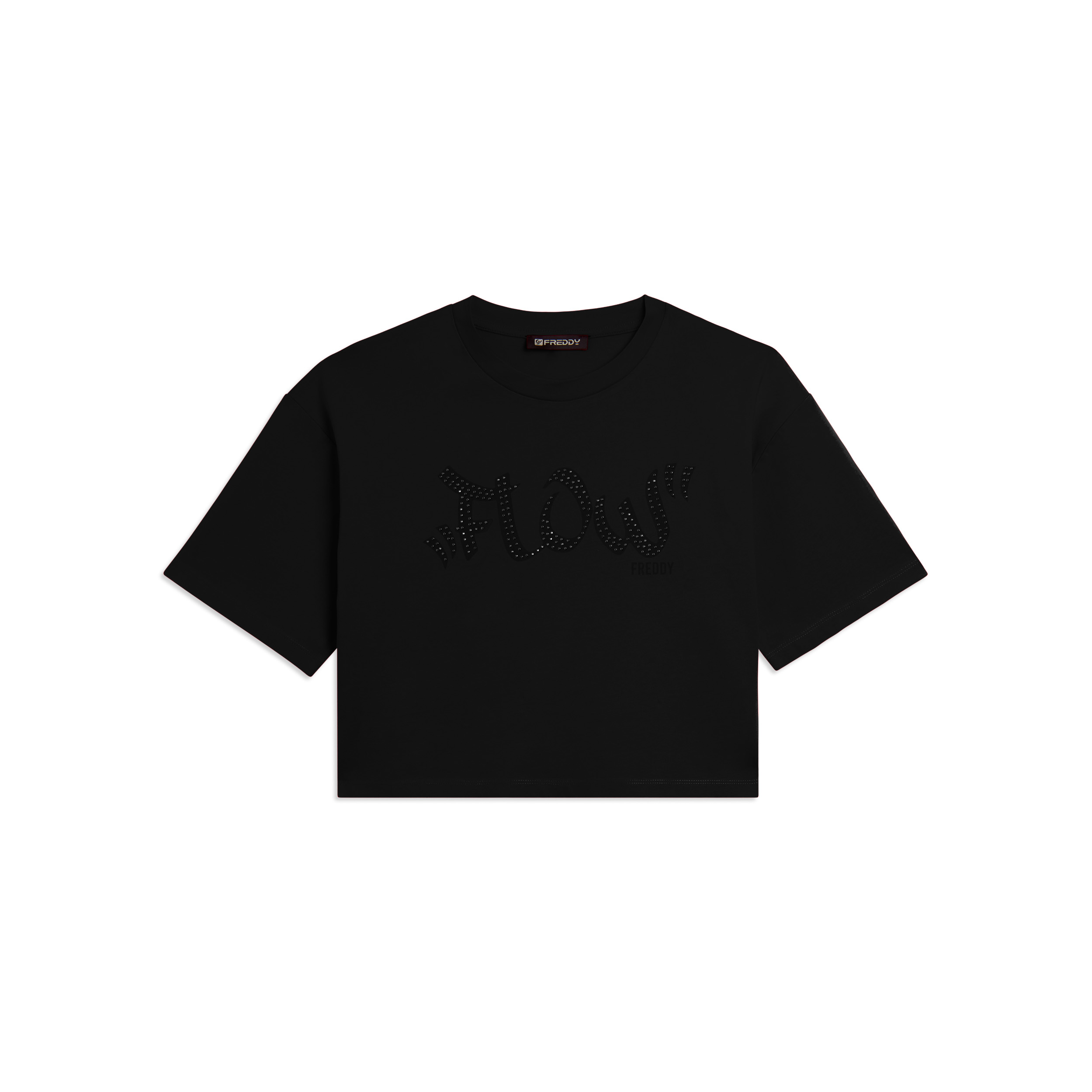 T-shirt Cropped con grafica "FLOW" e borchie