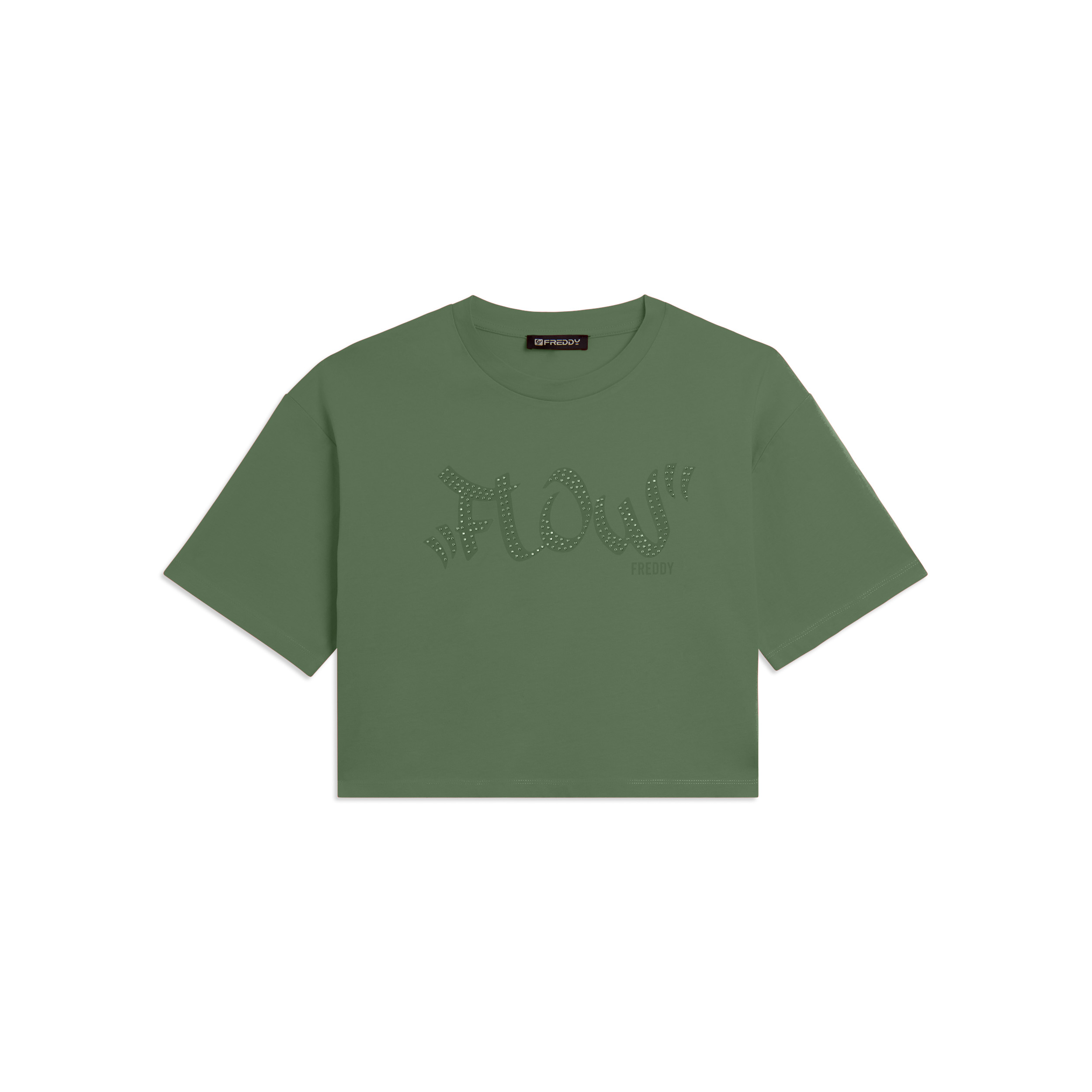 T-shirt Cropped con grafica "FLOW" e borchie