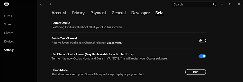تفعيل Rift Core 2.0 بيتا من الإعدادات