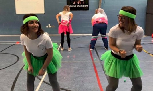Two girls in tutu's enjoying Olympic Shames hen weekend activity 