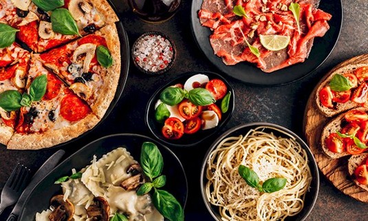 A plate of italian food for a 3 course meal.