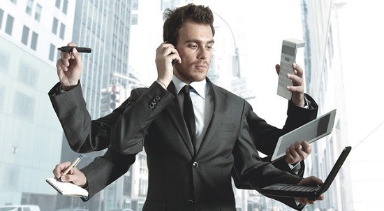 busy man with 5 arms working and multi tasking