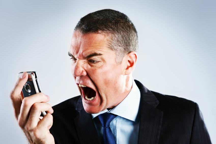 screaming at smartphone