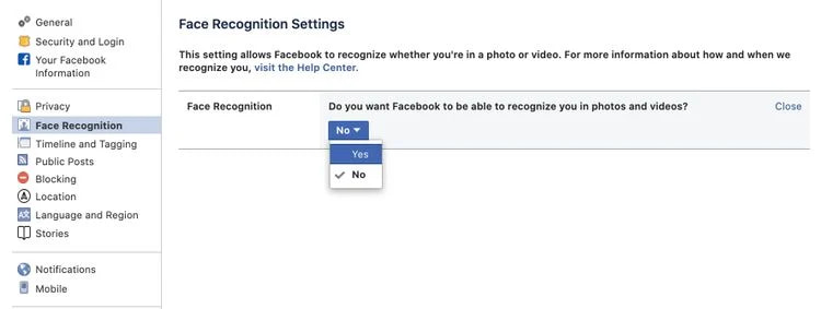 إيقاف التعرّف على الوجه من فيسبوك