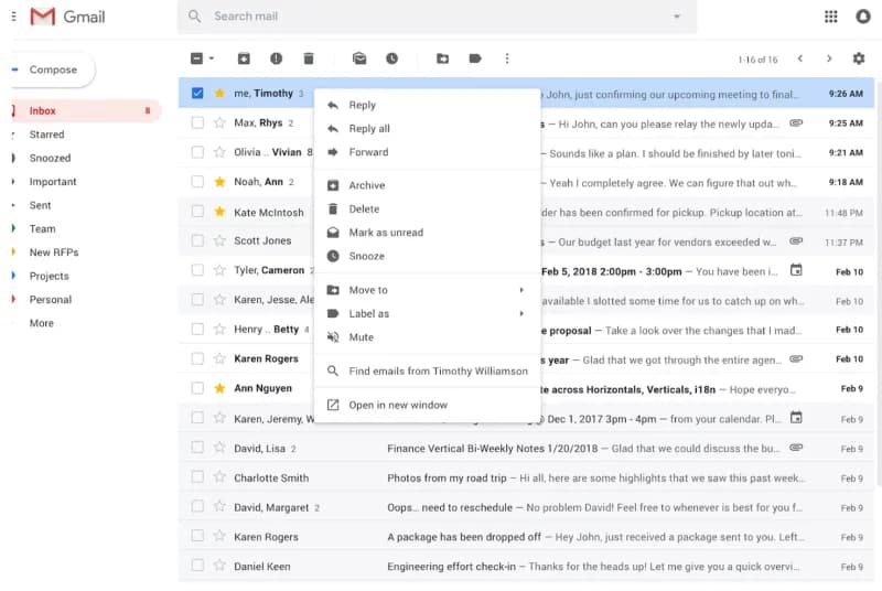 مميزات زر الفأرة الأيمن على Gmail