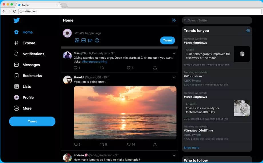 صورة الوضع الليلي على تويتر في التصميم الجديد القادم لسطح المكتب