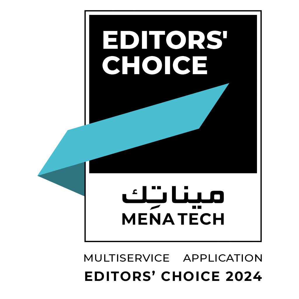 A black and white logo with a prominent white border. Inside the black background, "EDITORS' CHOICE" is written in bold white capital letters. A light blue, angled ribbon-like shape extends from the left side, partially overlapping the white border and the black background, pointing towards the right. Below this ribbon, on a white background, the word "مينا تك" is written in Arabic script above "MENA TECH" in black capital letters.