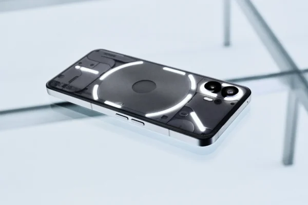 Nothing Phone (2) in black with illuminated LED Glyph Interface on the transparent back, placed on a glass surface showcasing its futuristic and minimalist design