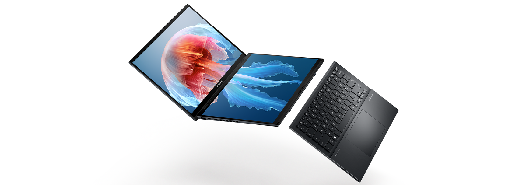 ASUS Zenbook Duo dual-screen productivity laptop with detachable keyboard displayed in floating position.