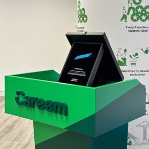 Close-up of the Careem Super App award trophy displayed at Careem's headquarters.