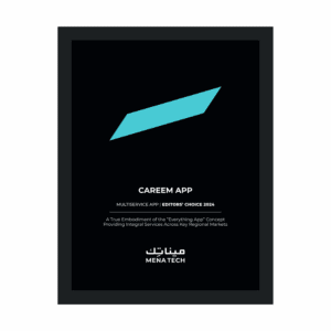 Close-up view of the MENA Tech Editors' Choice 2024 trophy awarded to the Careem Super App.