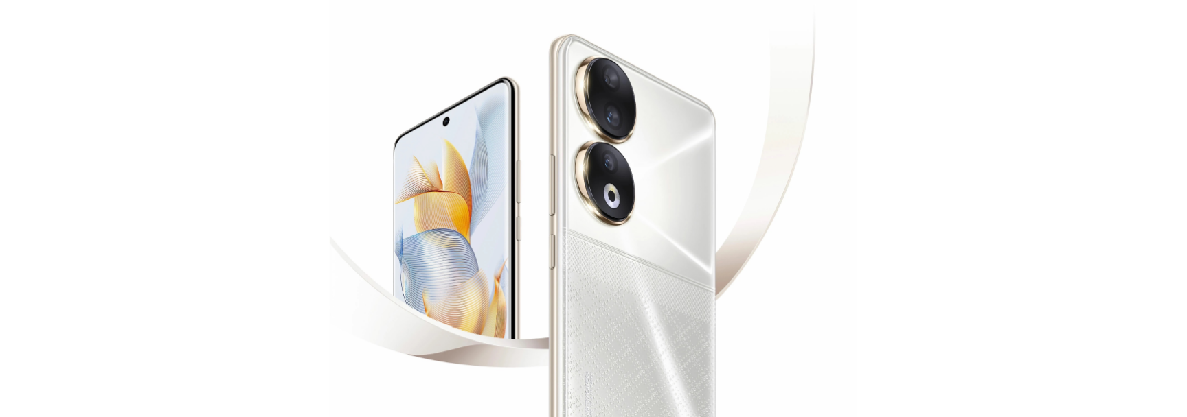 Side and front view of the Honor 90 smartphone in a glossy pearl white finish, showcasing its dual rear cameras and punch-hole front display design.