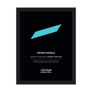 Infinix Mobile Editors' Choice 2024 trophy awarded by MENA Tech for outstanding performance as an emerging smartphone brand.