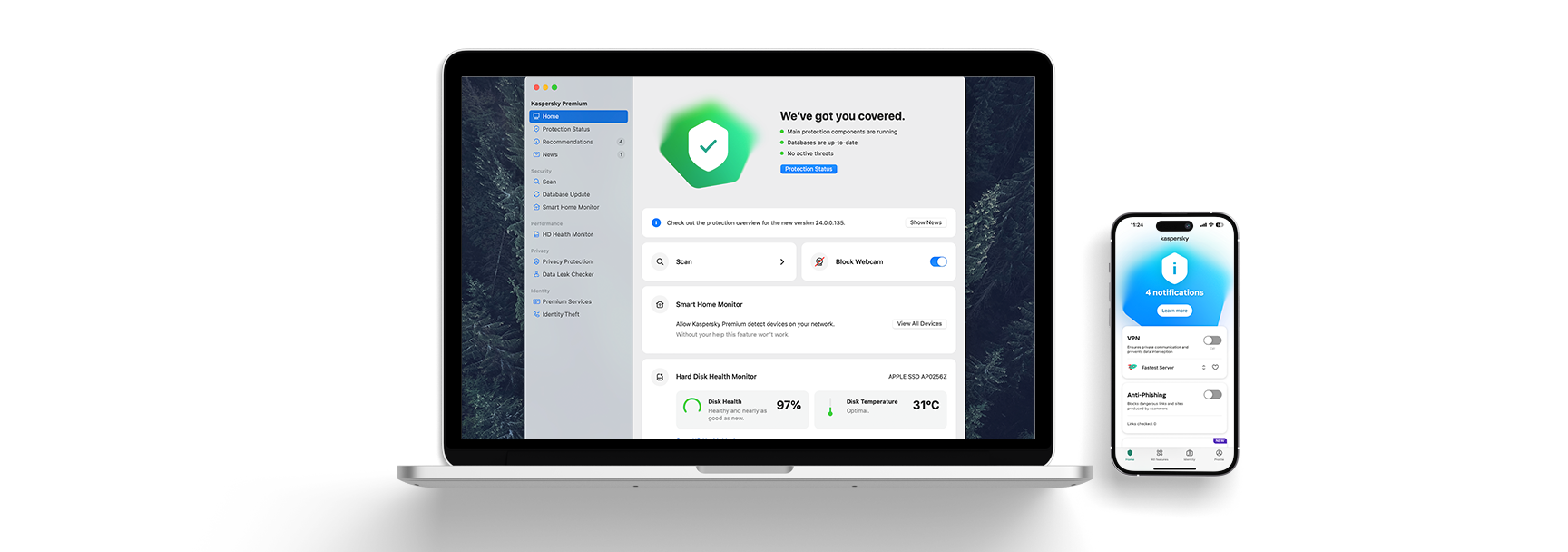 Kaspersky Premium security software displayed on a laptop and smartphone, showcasing system protection features, smart home monitoring, and VPN options