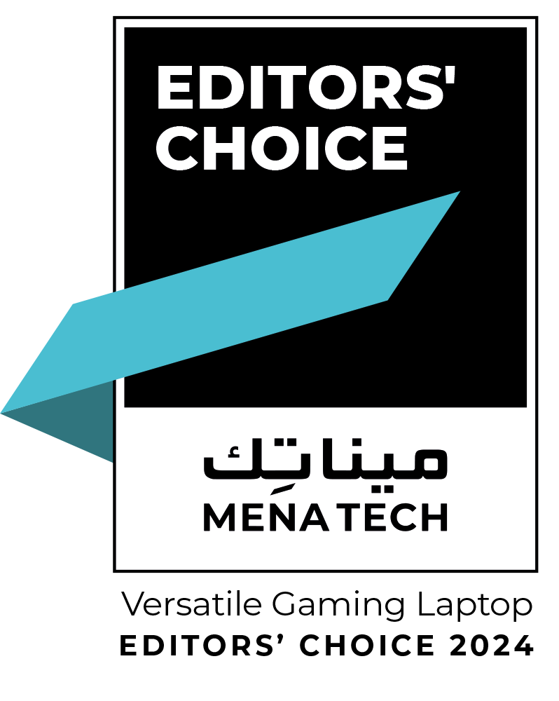 A black and white award badge with a prominent black outline. The top portion has a black background with "EDITORS' CHOICE" written in bold white capital letters. A light blue, angled ribbon-like shape extends from the left, passing over the black background and into a white section below. In this white section, "مينا تك" is written in Arabic script above "MENA TECH" in black capital letters. Below the main badge, in black capital letters, it reads "Versatile Gaming Laptop EDITORS' CHOICE 2024".