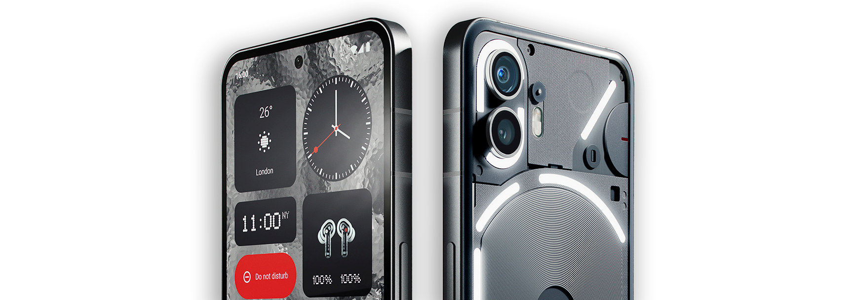 Nothing Phone 2 with its unique transparent design, showing the front screen interface and the back panel with circular LED lights and dual cameras.
