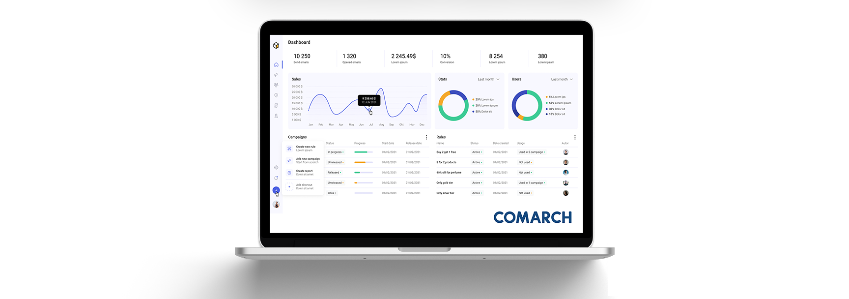 Laptop screen displaying the Comarch Loyalty Management dashboard with charts, analytics, and campaign statistics