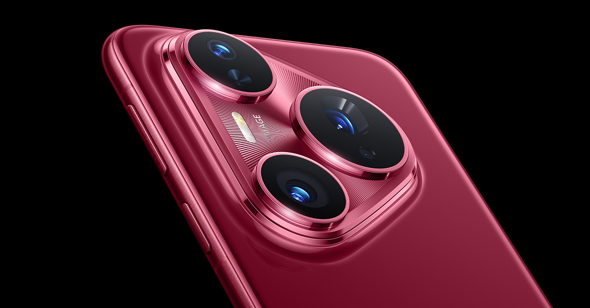A close-up, angled view of the top right corner of a vibrant red HUAWEI Pura 80 Pro+ smartphone. The camera module has three lenses, each with a red metallic ring, against a textured red surface. The 'X-MAGE' branding is visible near the top lens.