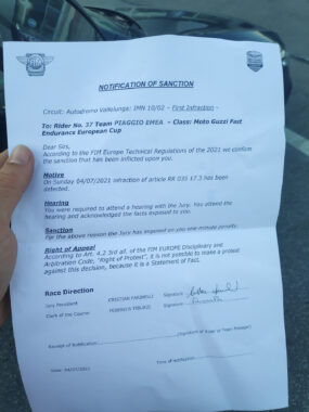 Moto Guzzi Fast Endurance European Cup 2021 carrera Vallelunga sancion