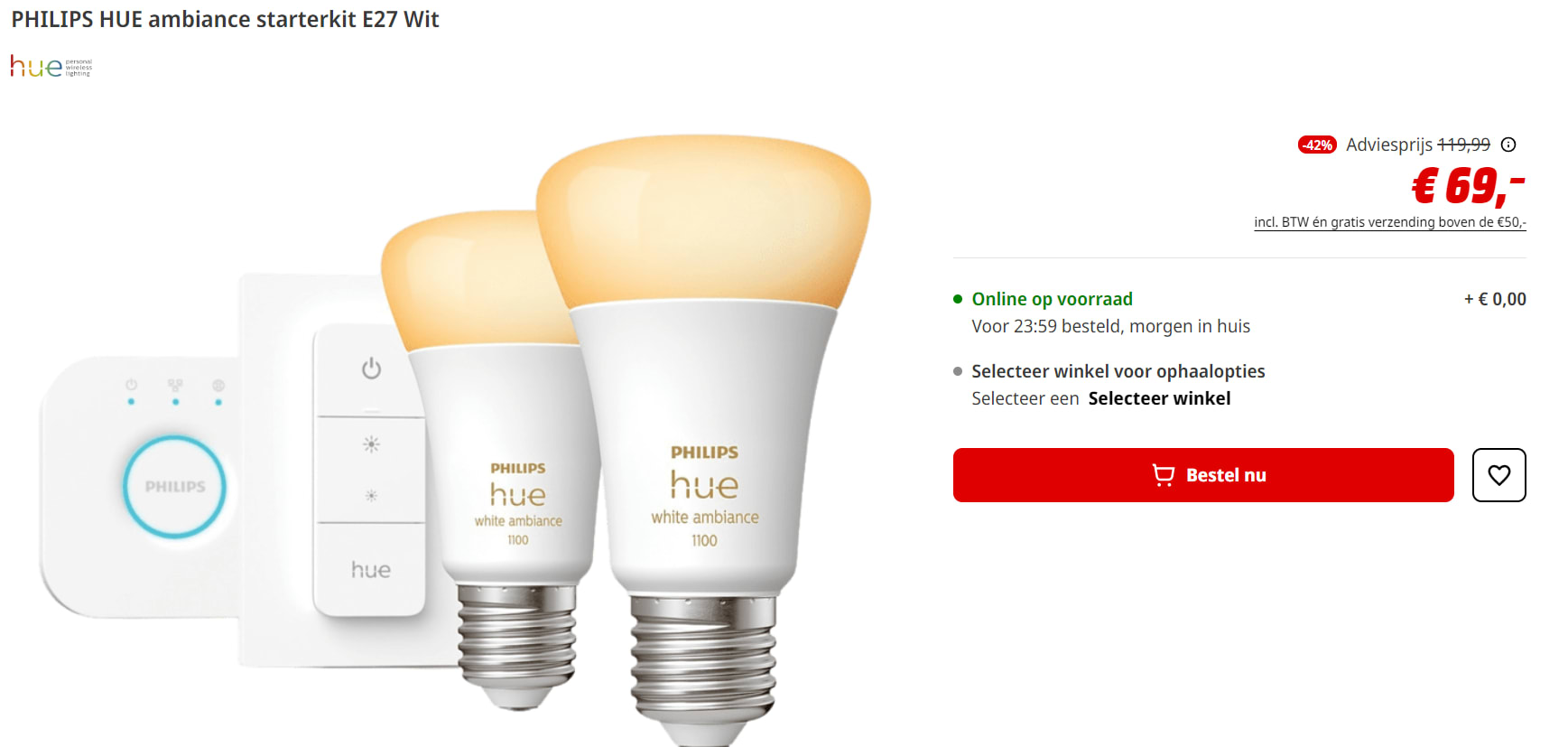 Philips Hue Starterspakket E27 Lichtbron met Bridge en Dimmer Switch