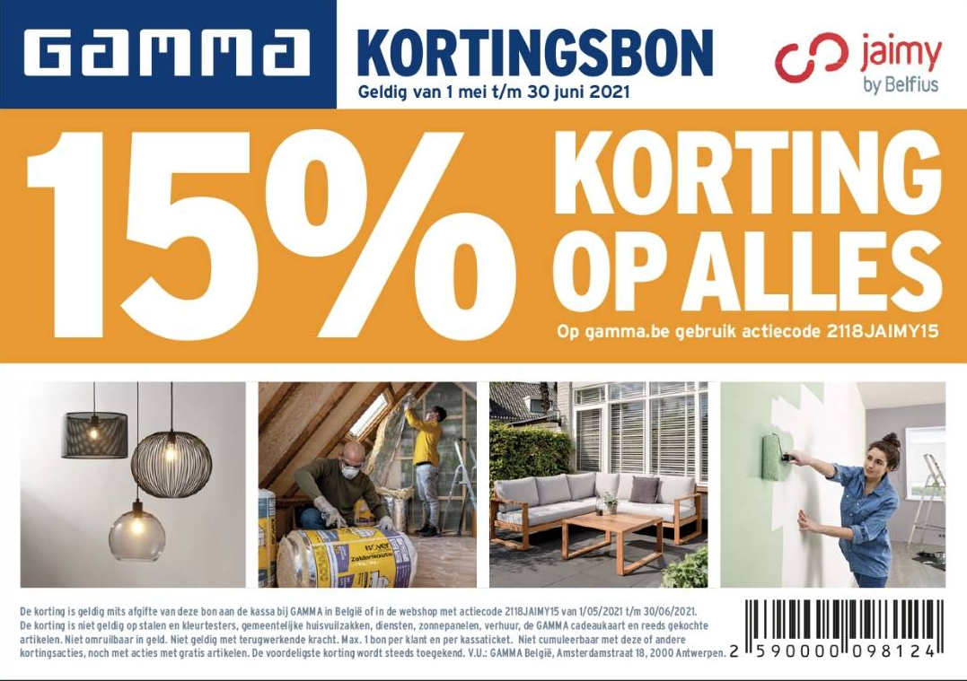 15 korting op alles met de bon/code in de winkel of web