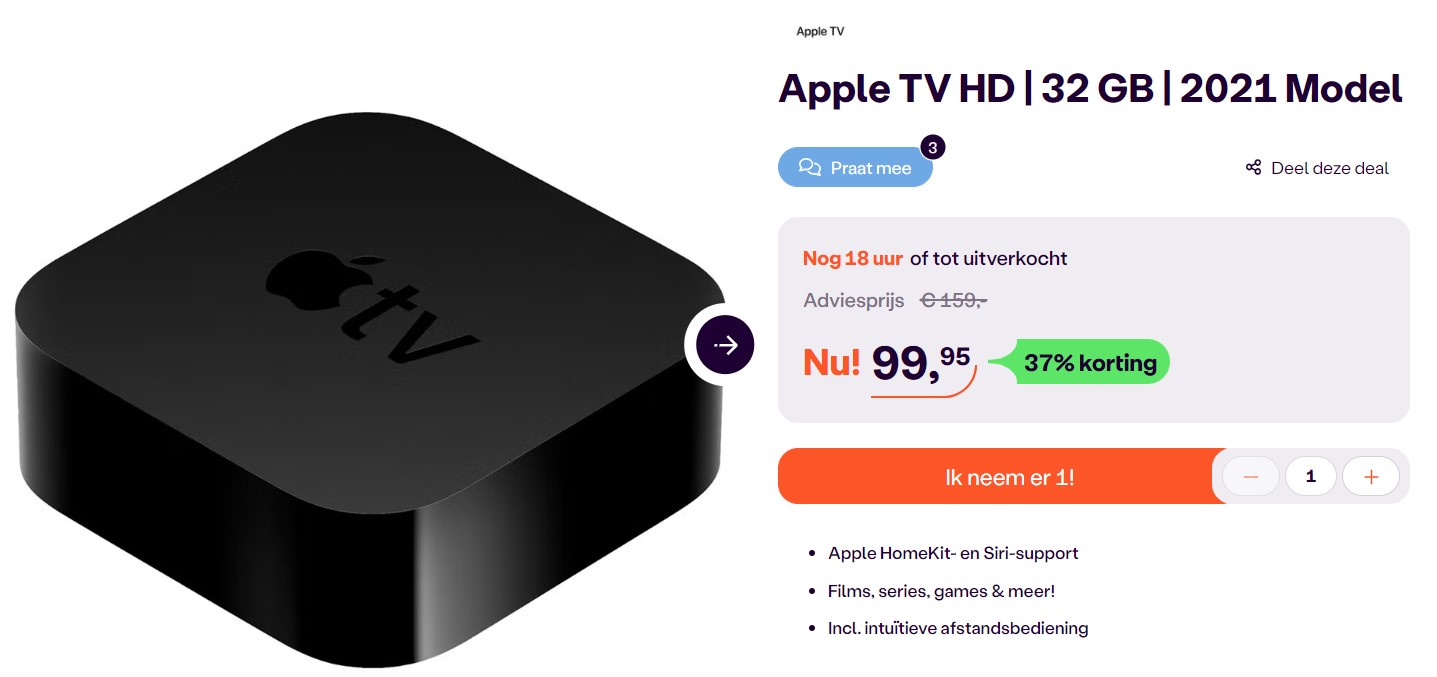 Apple TV HD (2021) 32GB Zwart voor €99,95 bij ibood