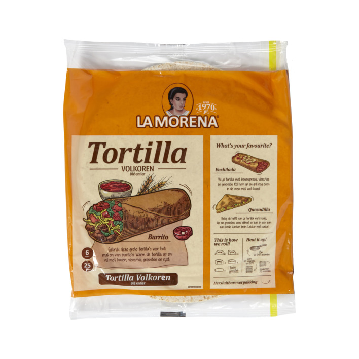 6 stuks in 1 pak van La Morena Volkoren tortilla wraps (large) voor €1,53