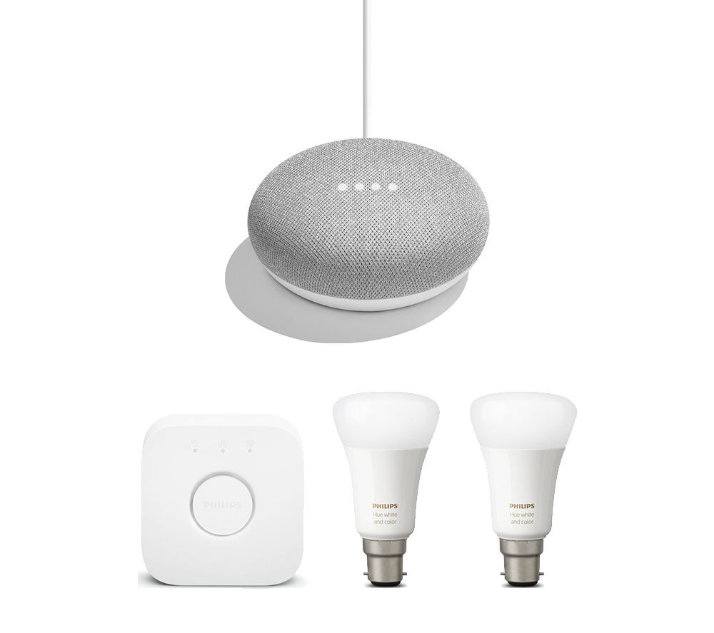 philips hue white and colour ambiance mini smart bulb e27 starter kit & google home mini chalk bundle