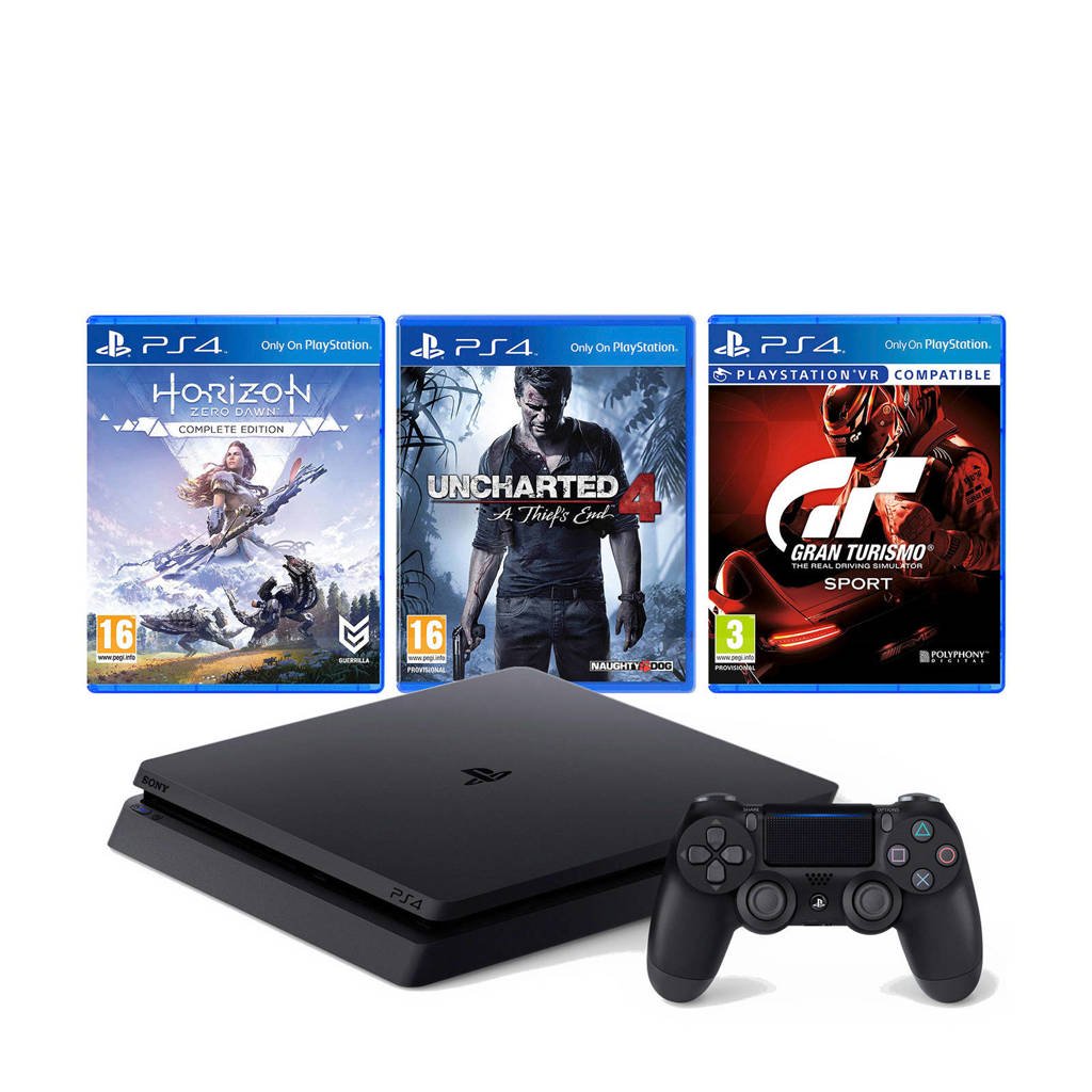 Sony PlayStation 4 Slim 500 GB + Horizon: Zero Dawn + Uncharted 4 + GT  Sport voor €239