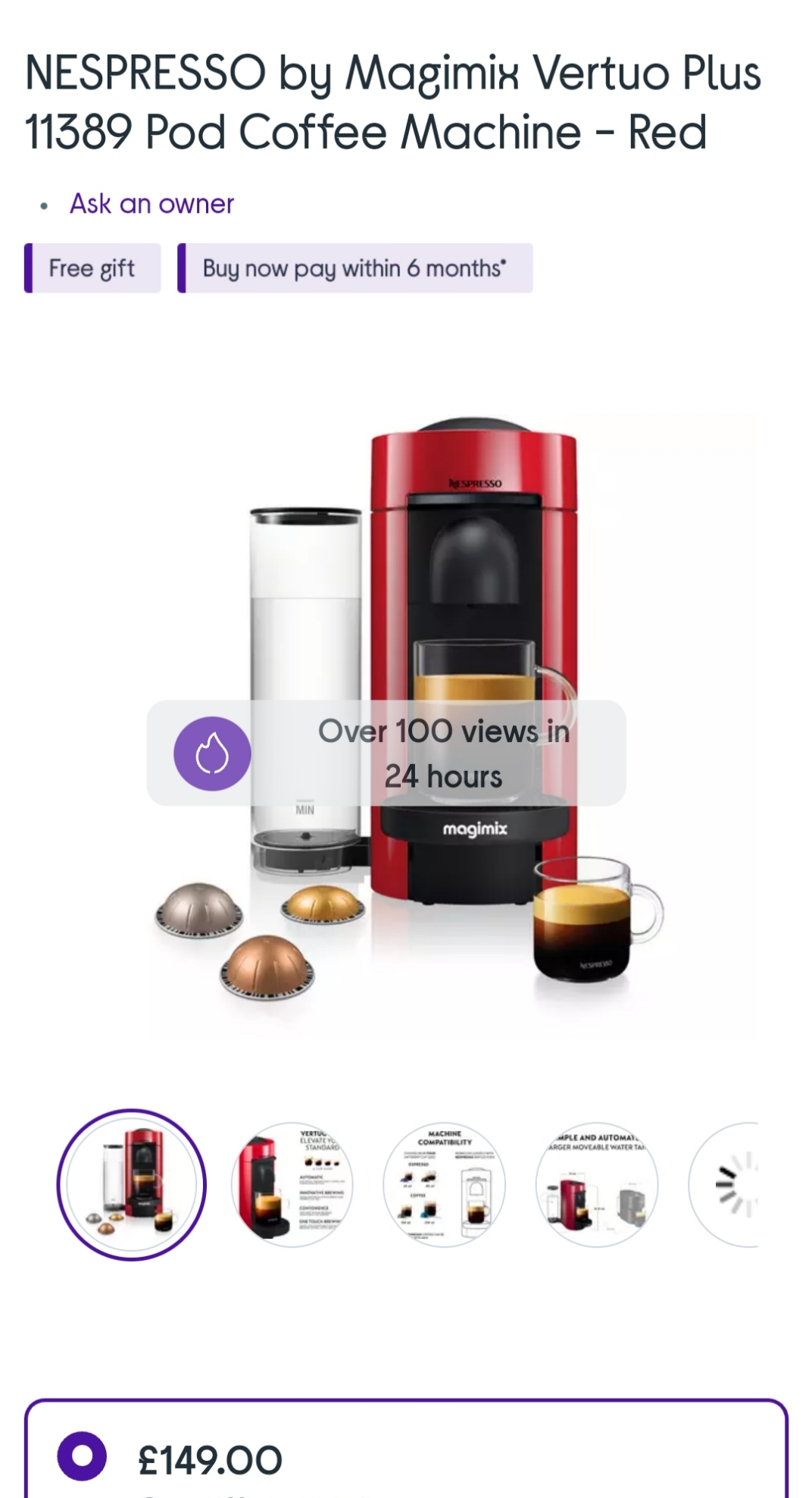 NESPRESSO by Magimix Vertuo Plus 11389 Pod Coffee Machine Red + 50