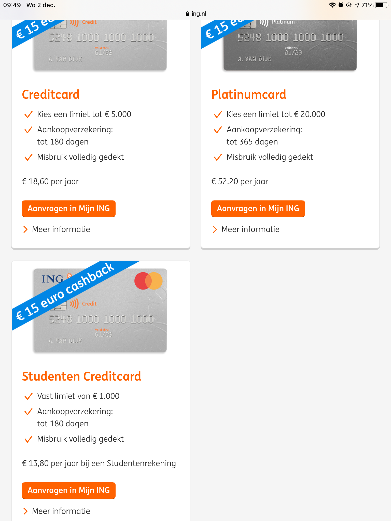 Bij het aanvragen van een ING Creditcard €15 Cashback