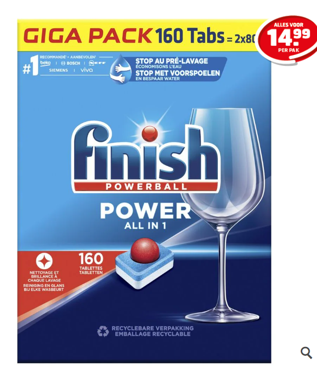 Finish Vaatwastabletten Power Allin1 Regular 160 tabs voor €14,99 bij