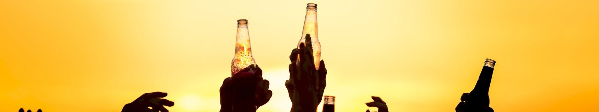 Men holding up beers in sunset
