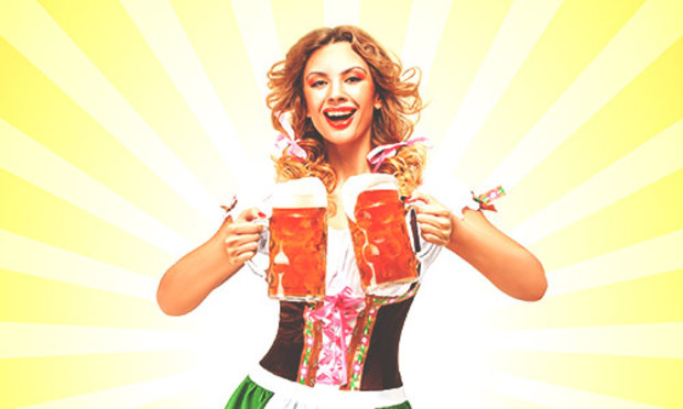 Beer Maid holding two beers 