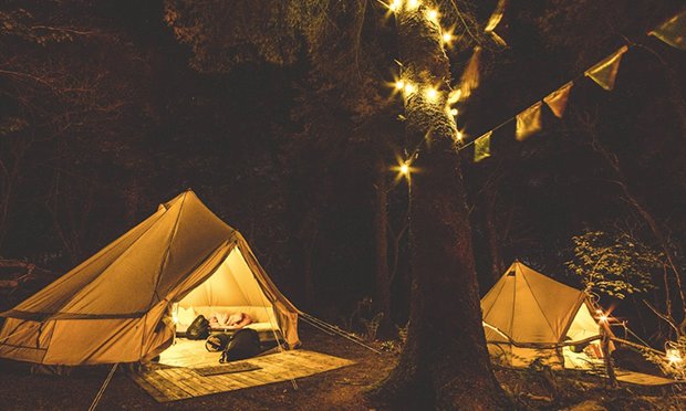 Two tents in the middle of the woods camping